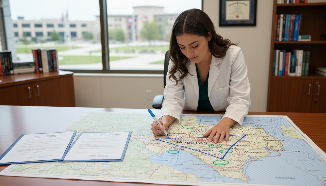 Resident applicant marking geographic zones on a Texas map Resident applicant marking geographic zones on a Texas map - DO graduate residency for Geographic Flexibility for DO Graduate