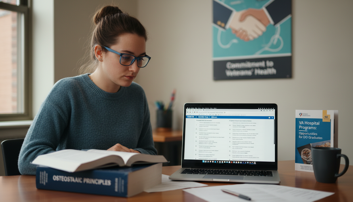 DO medical student studying with veteran-focused textbooks and laptop - DO graduate residency for Low Step Score Strategies f