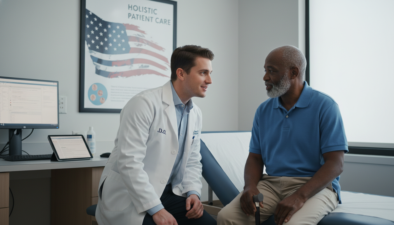 Osteopathic resident physician working with veteran patient in clinic - DO graduate residency for Low Step Score Strategies f