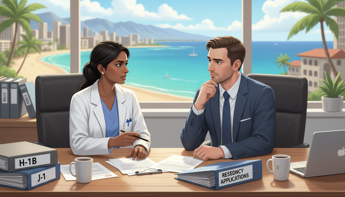 International medical graduate discussing visa options with residency program coordinator International medical graduate discussing visa options with residency program coordinator - IMG residency guide for H-1B Spon