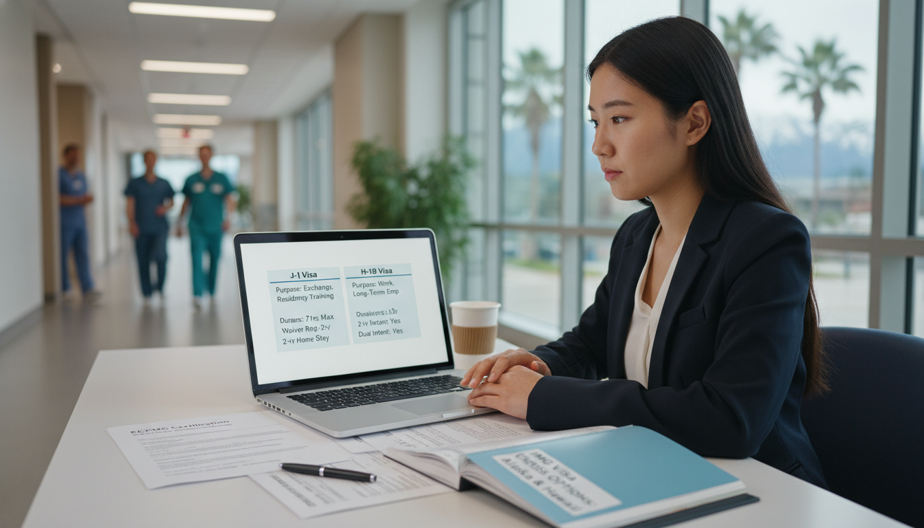 International medical graduate comparing J-1 and H-1B visa options on a laptop - IMG residency guide for Visa Navigation for