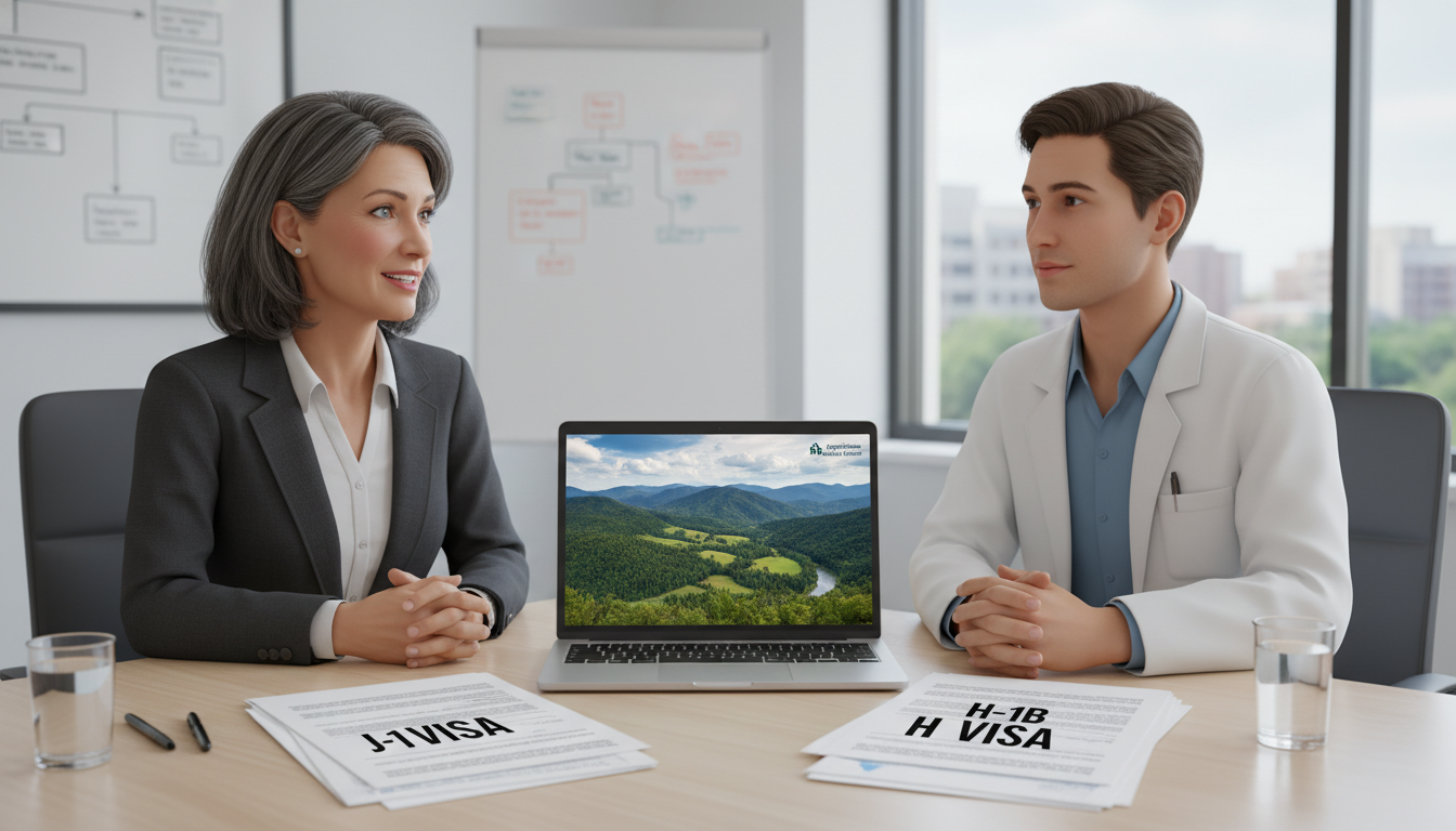 Residency program director discussing J-1 versus H-1B options with an IMG applicant Residency program director discussing J-1 versus H-1B options with an IMG applicant - IMG residency guide for Visa Navigation