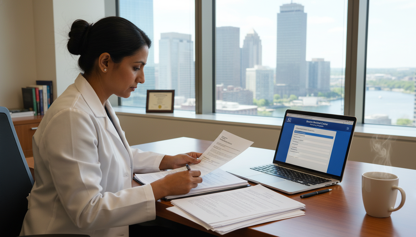 Physician reviewing immigration documents in Boston hospital office Physician reviewing immigration documents in Boston hospital office - IMG residency guide for H-1B Sponsorship Programs for I