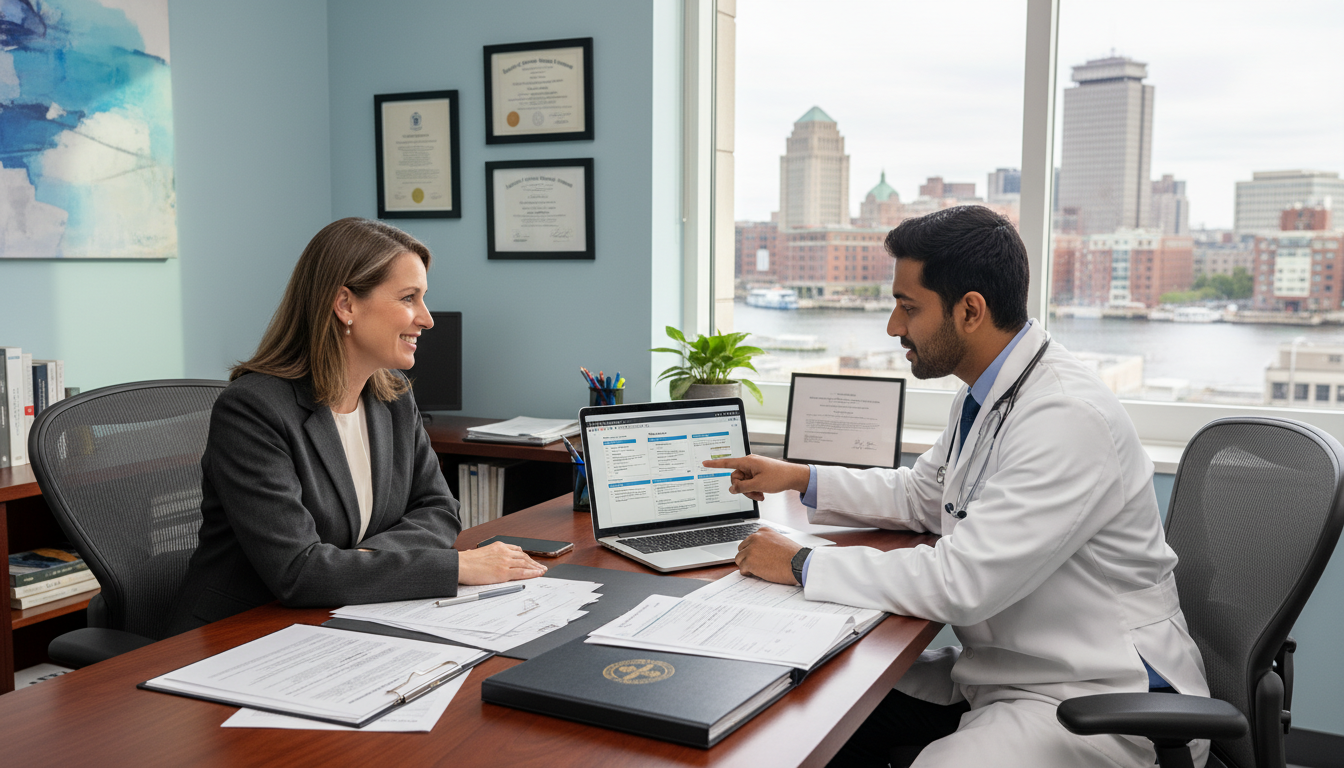 IMG physician discussing long-term visa and career planning in a Boston hospital office - IMG residency guide for Visa Naviga