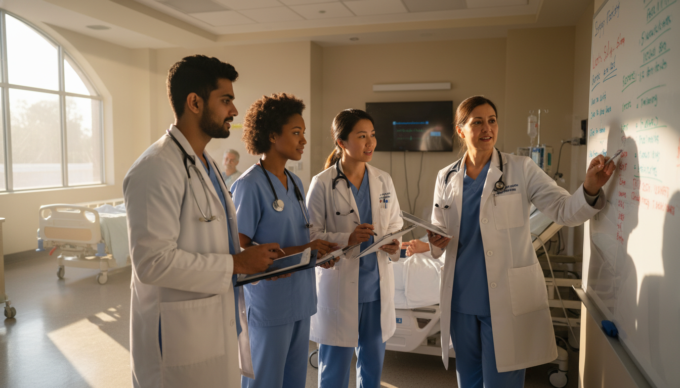 Residents on a teaching round at a Central Valley teaching hospital Residents on a teaching round at a Central Valley teaching hospital - IMG residency guide for H-1B Sponsorship Programs for I