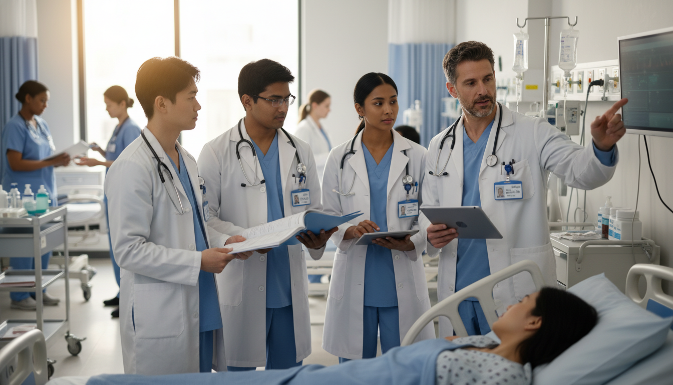 County hospital residency team including international medical graduates working together on rounds County hospital residency team including international medical graduates working together on rounds - IMG residency guide for