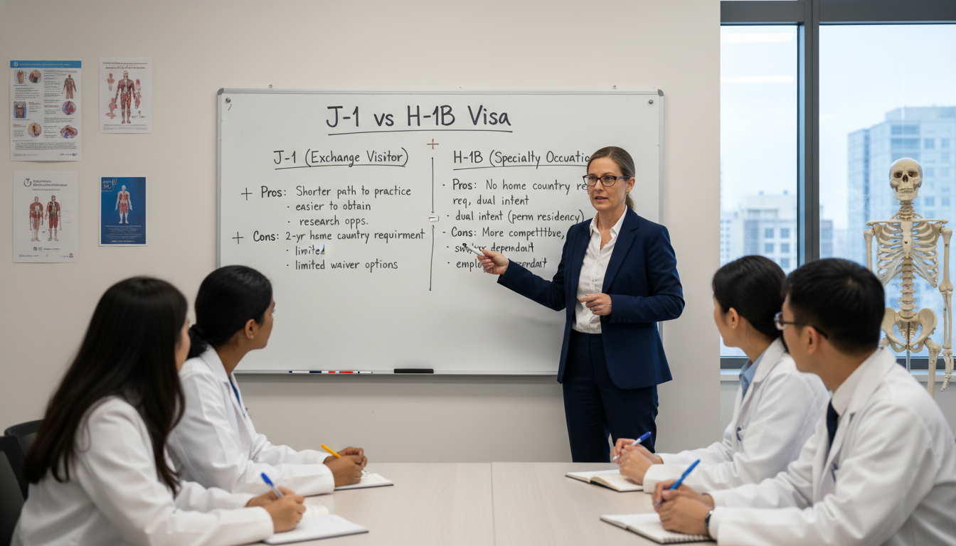 Comparison of J-1 and H-1B visa options on a whiteboard in a teaching room Comparison of J-1 and H-1B visa options on a whiteboard in a teaching room - IMG residency guide for Visa Navigation for Resi