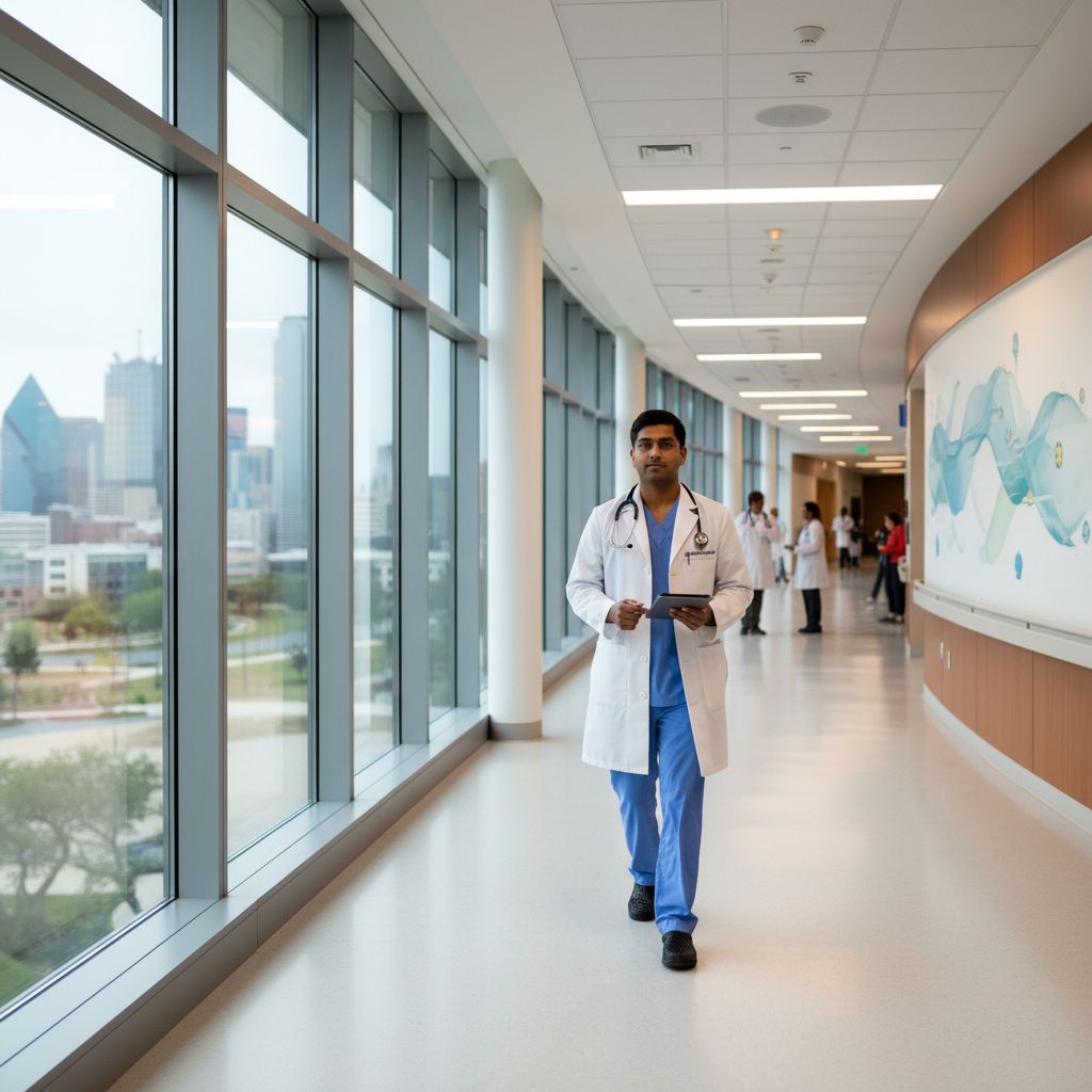 IMG resident walking through Dallas hospital corridor IMG resident walking through Dallas hospital corridor - IMG residency guide for Geographic Flexibility for International Medi