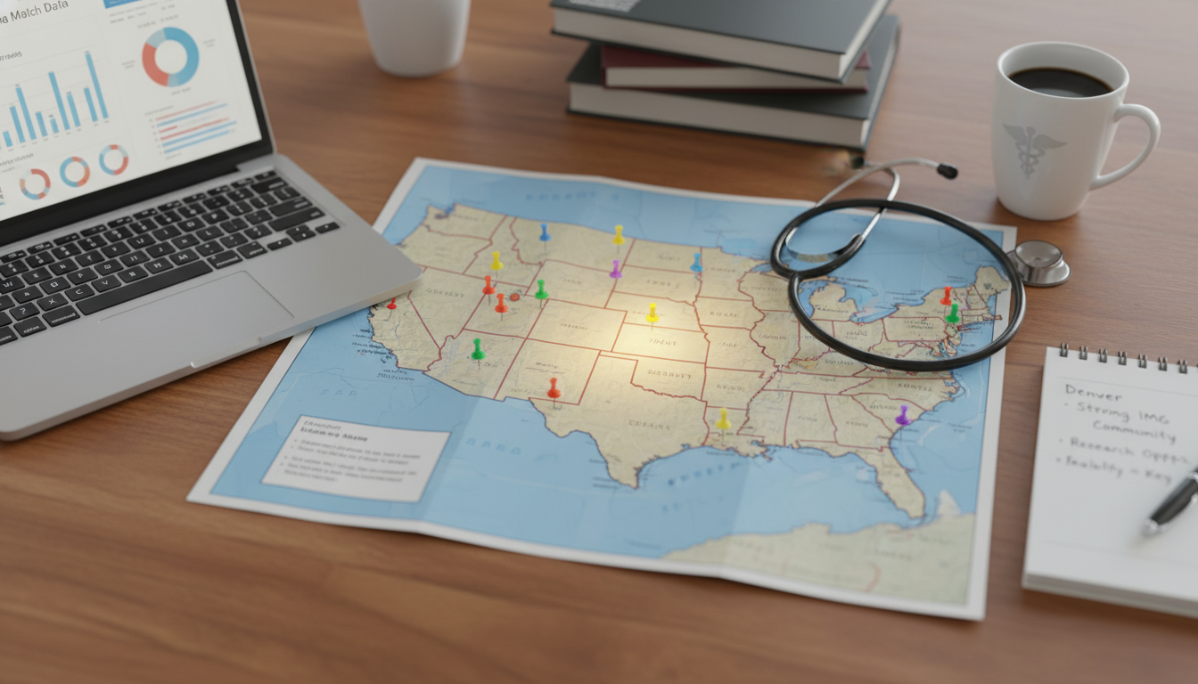 Map of US regions highlighting Denver-centered residency strategy Map of US regions highlighting Denver-centered residency strategy - IMG residency guide for Geographic Flexibility for Intern