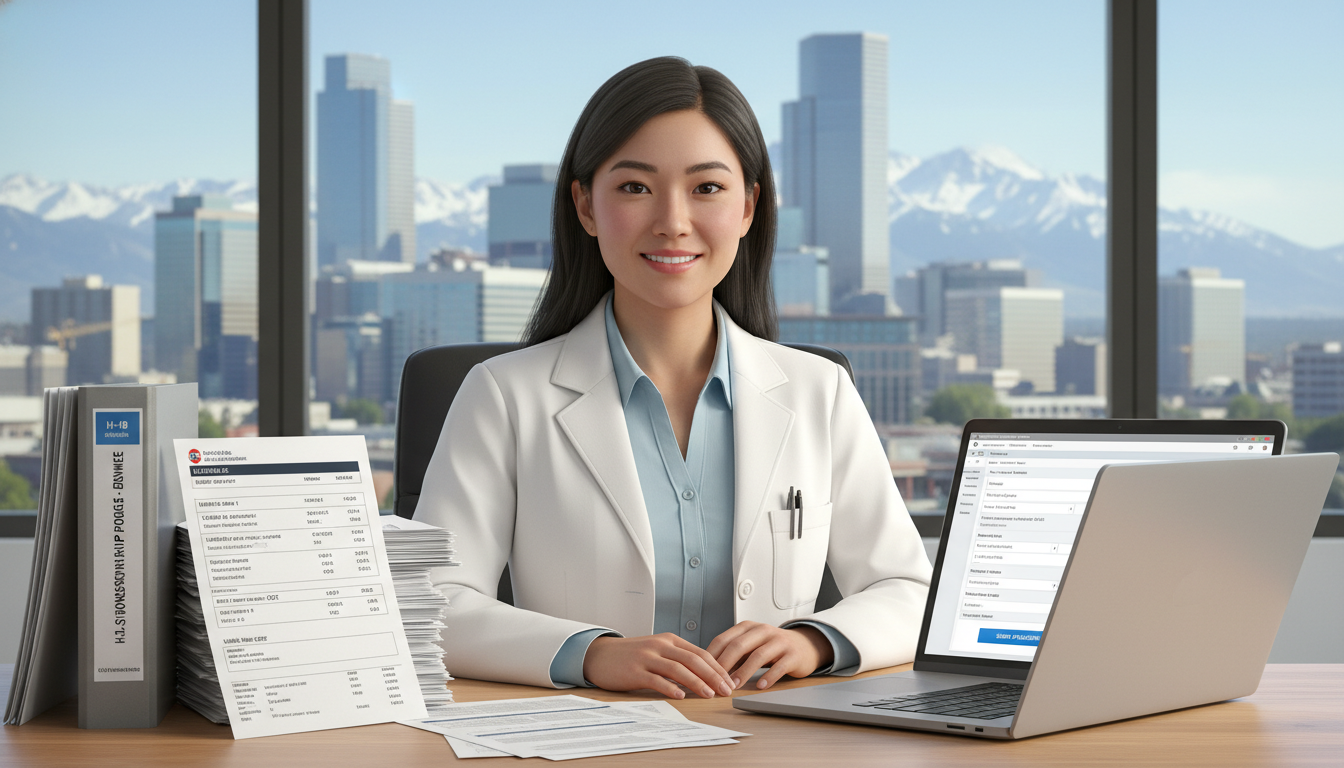 International medical graduate working on residency application with Denver skyline International medical graduate working on residency application with Denver skyline - IMG residency guide for H-1B Sponsorshi