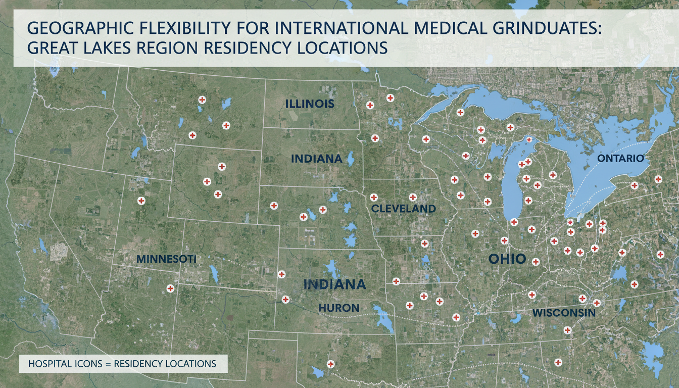Map of Great Lakes region highlighting diverse residency locations Map of Great Lakes region highlighting diverse residency locations - IMG residency guide for Geographic Flexibility for Inter