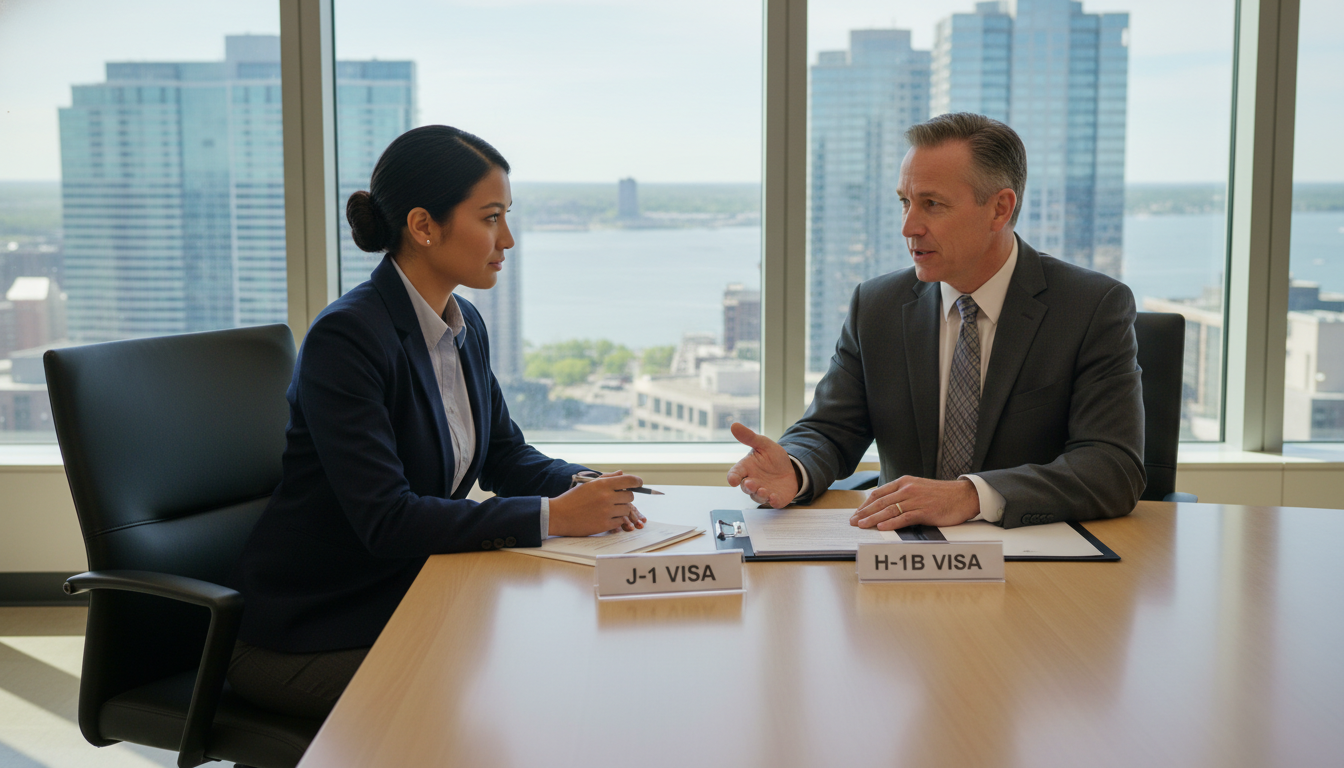 IMG discussing J-1 and H-1B visa options with a residency program coordinator IMG discussing J-1 and H-1B visa options with a residency program coordinator - IMG residency guide for Visa Navigation for R