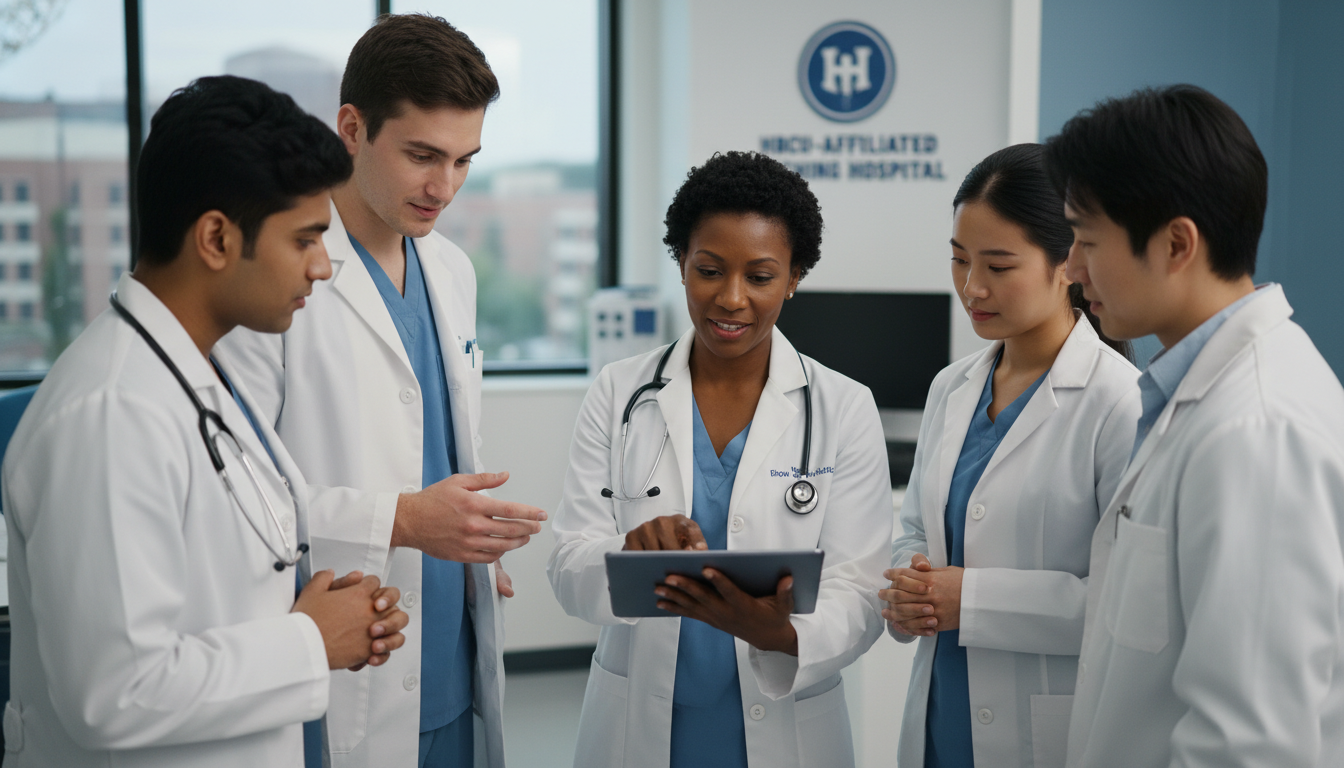 Diverse group of international medical graduates rotating at an HBCU-affiliated teaching hospital - IMG residency guide for L