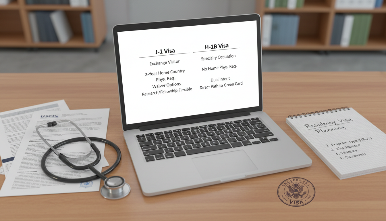 Comparison chart of J-1 versus H-1B visa options for international medical graduates - IMG residency guide for Visa Navigatio