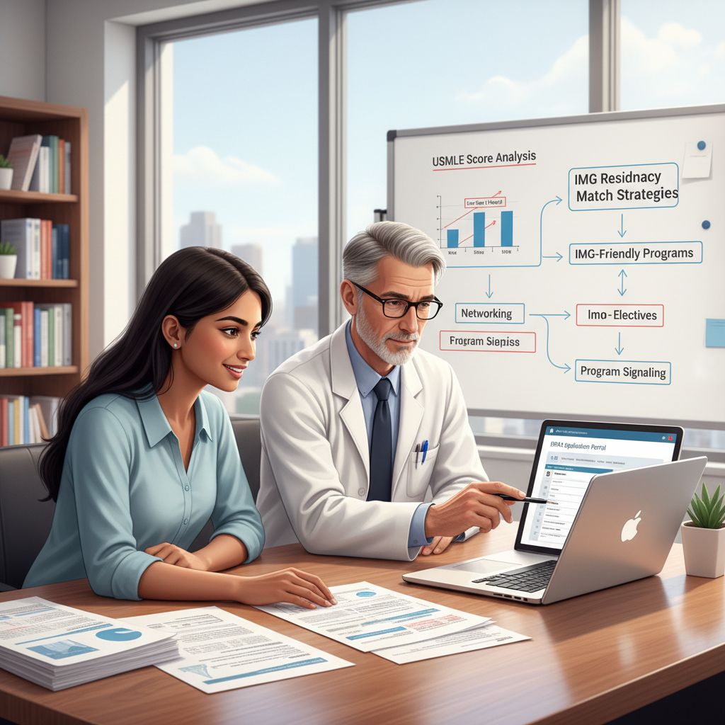 IMG meeting with mentor to review residency application strategy - IMG residency guide for Low Step Score Strategies for Inte