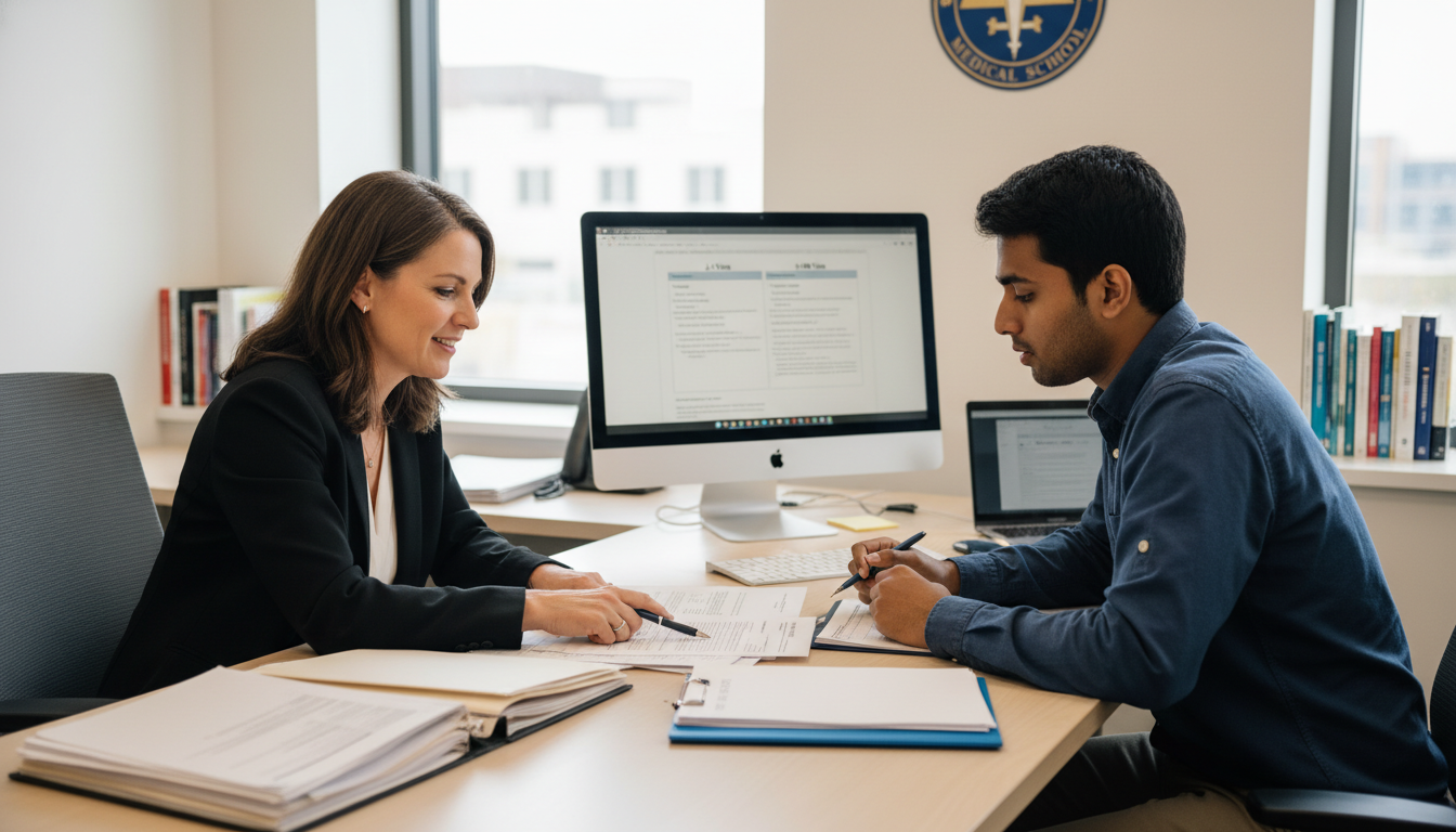 Residency program coordinator discussing J-1 and H-1B visa options with IMG Residency program coordinator discussing J-1 and H-1B visa options with IMG - IMG residency guide for Visa Navigation for Res