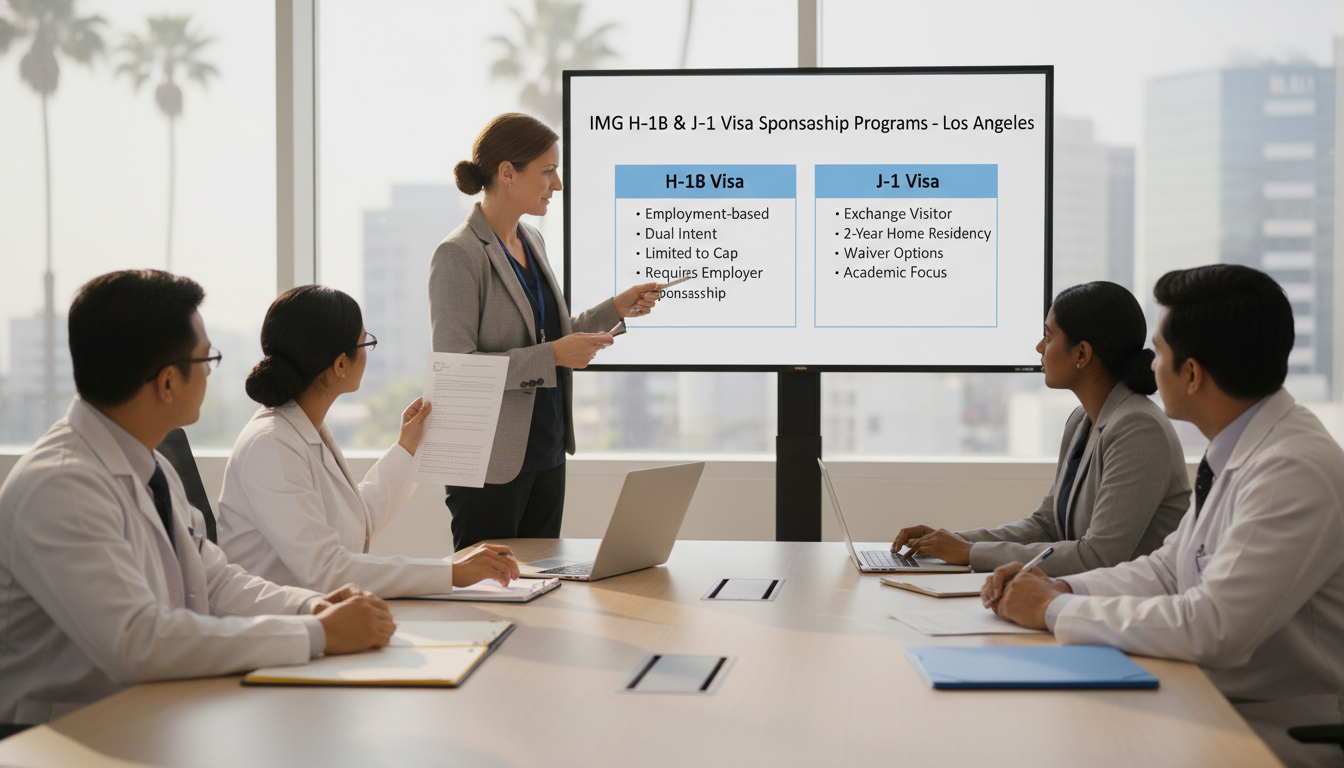 Medical residents in a teaching hospital conference room discussing visa options Medical residents in a teaching hospital conference room discussing visa options - IMG residency guide for H-1B Sponsorship P