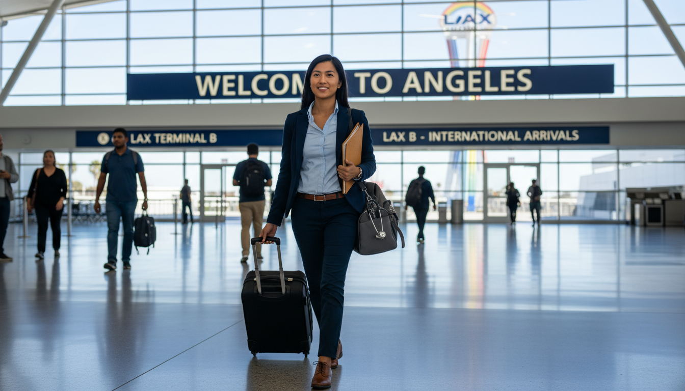 International medical graduate at Los Angeles airport arriving for residency - IMG residency guide for Visa Navigation for Re
