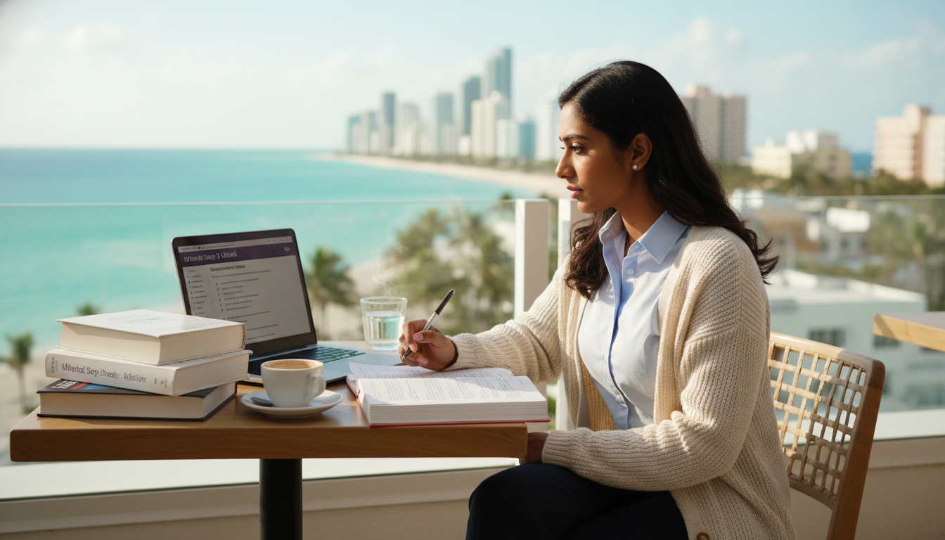 International medical graduate studying USMLE Step 3 with Miami beach skyline in background International medical graduate studying USMLE Step 3 with Miami beach skyline in background - IMG residency guide for H-1B Sp