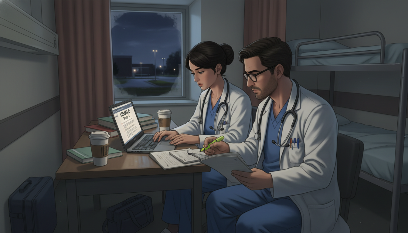 IMG residents studying for USMLE Step 3 in a hospital call room IMG residents studying for USMLE Step 3 in a hospital call room - IMG residency guide for H-1B Sponsorship Programs for Inter