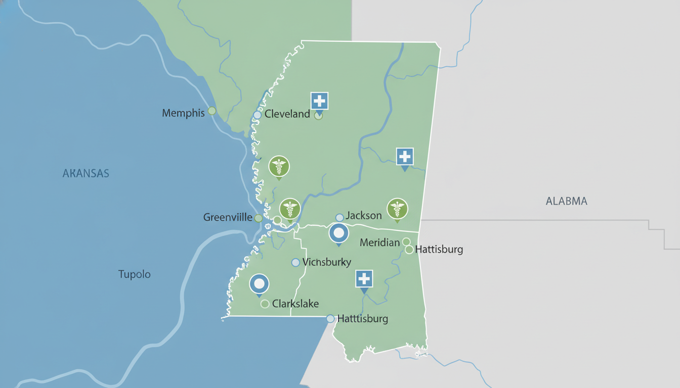 Map of the Mississippi Delta with medical residency locations indicated Map of the Mississippi Delta with medical residency locations indicated - IMG residency guide for Visa Navigation for Residen