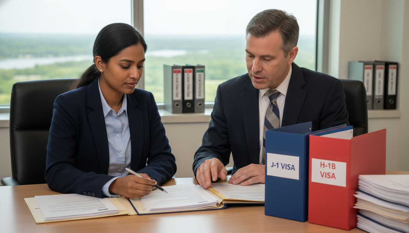 International medical graduate discussing visa options with residency program coordinator International medical graduate discussing visa options with residency program coordinator - IMG residency guide for Visa Navi