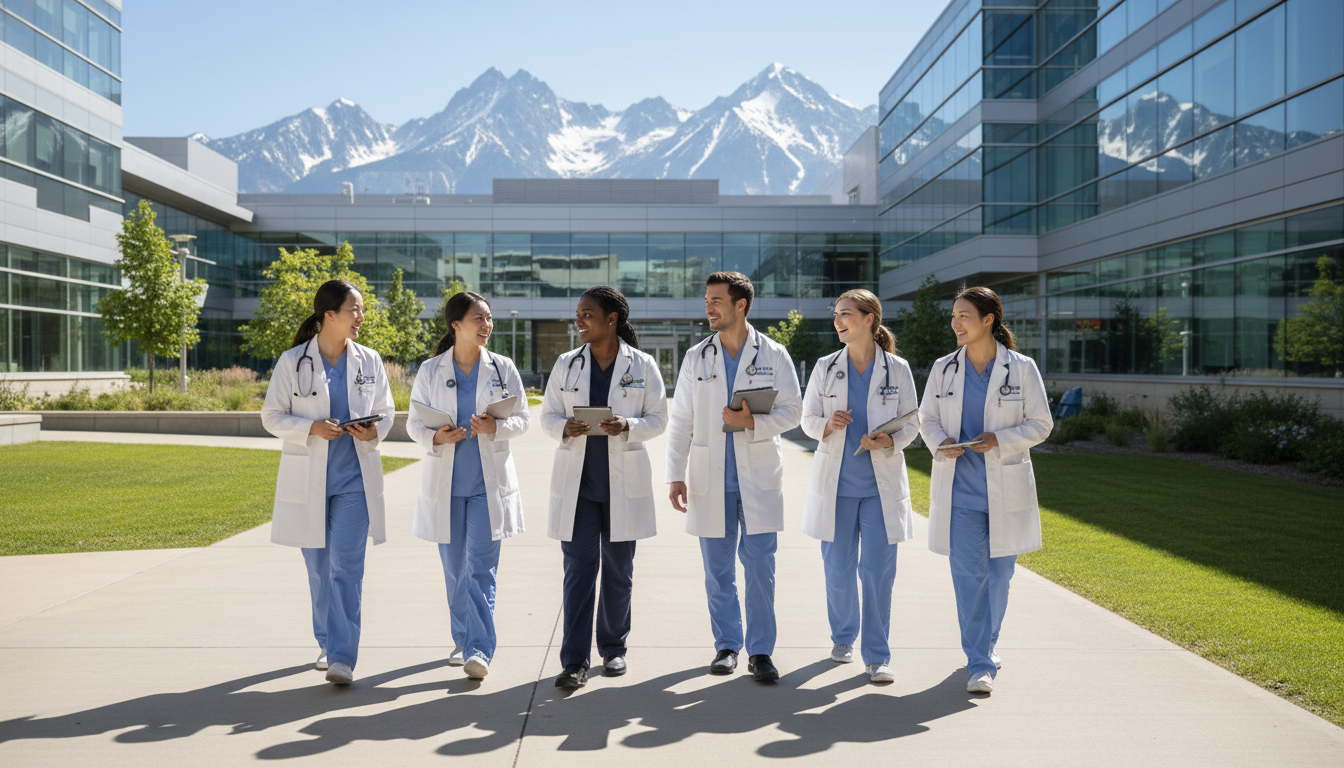 Hospital academic center in Colorado with residents walking outdoors Hospital academic center in Colorado with residents walking outdoors - IMG residency guide for H-1B Sponsorship Programs for