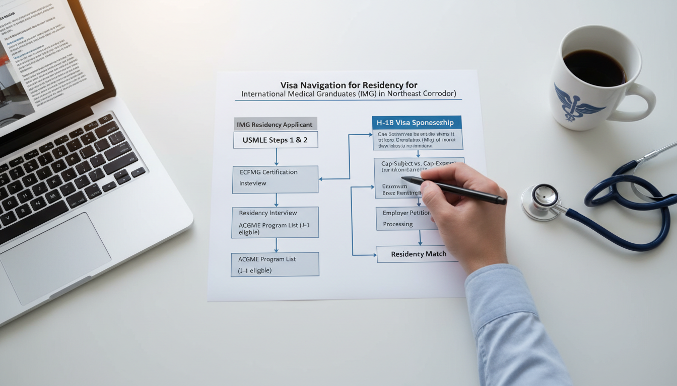 Flowchart of J-1 versus H-1B residency visa pathways for IMGs in the Northeast Corridor Flowchart of J-1 versus H-1B residency visa pathways for IMGs in the Northeast Corridor - IMG residency guide for Visa Naviga