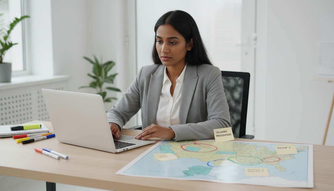 International medical graduate planning residency regions using a laptop and U.S. map International medical graduate planning residency regions using a laptop and U.S. map - IMG residency guide for Geographic Fl