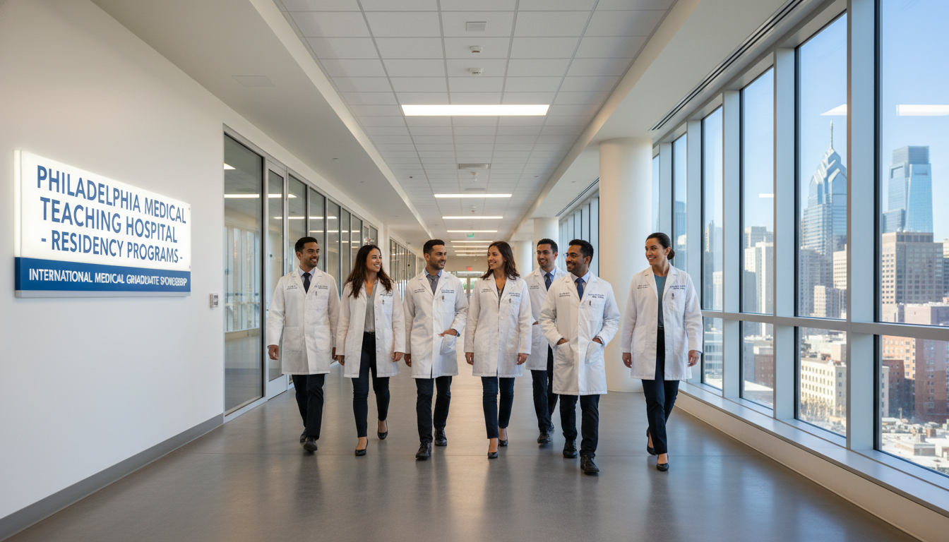 Medical residents walking through a Philadelphia teaching hospital corridor Medical residents walking through a Philadelphia teaching hospital corridor - IMG residency guide for H-1B Sponsorship Progra