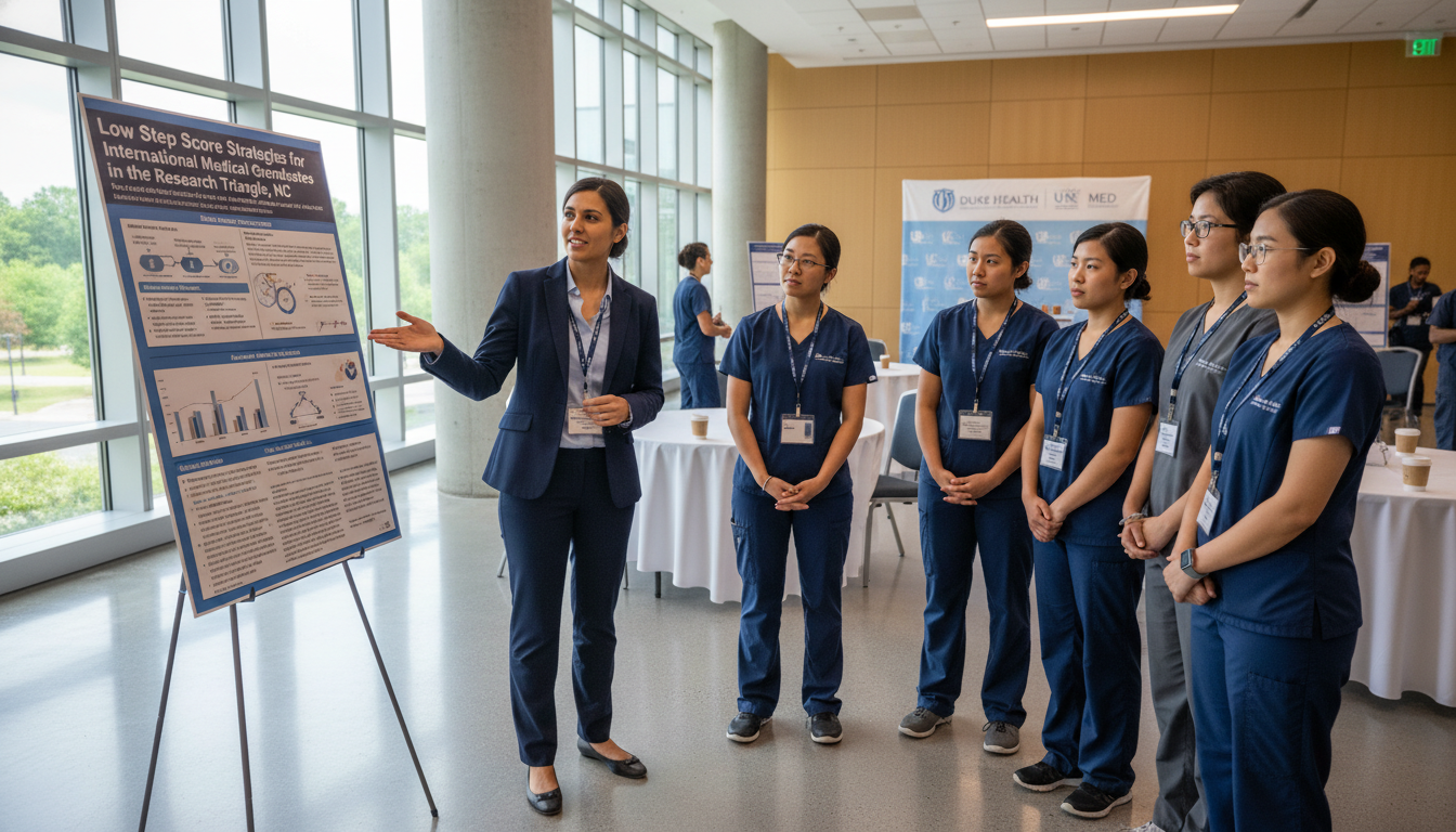 International medical graduate presenting research at an academic poster session in the Research Triangle - IMG residency gui