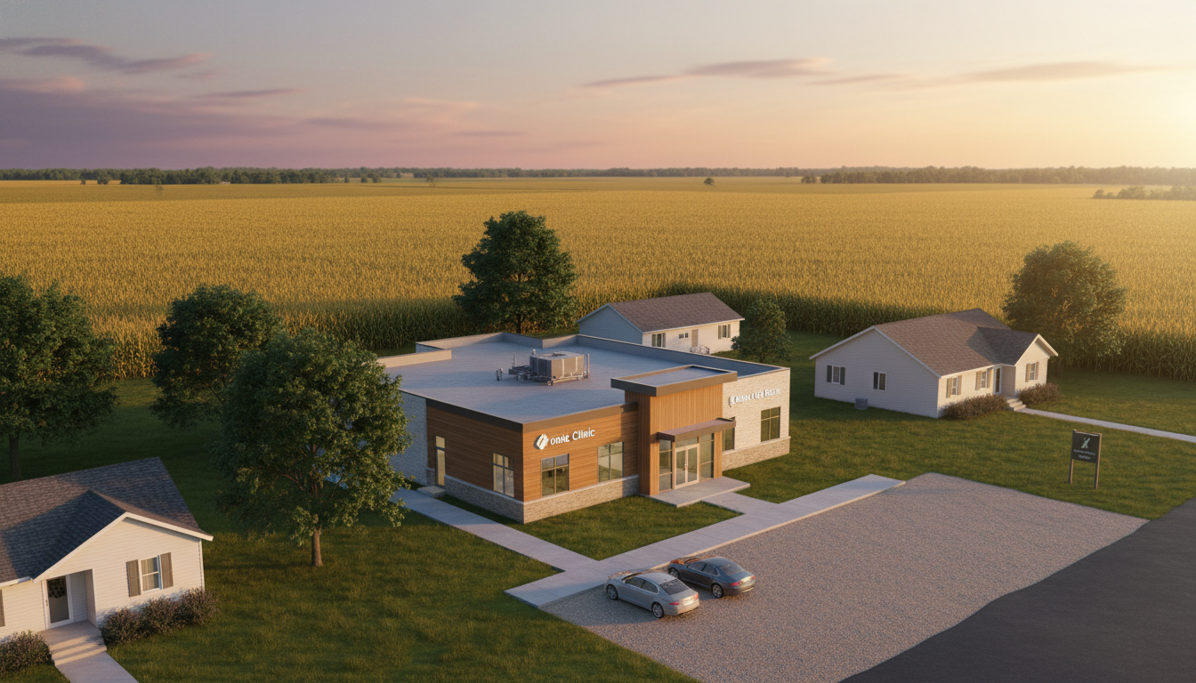 Rural Midwest landscape with small hospital Rural Midwest landscape with small hospital - IMG residency guide for Geographic Flexibility for International Medical Gradua