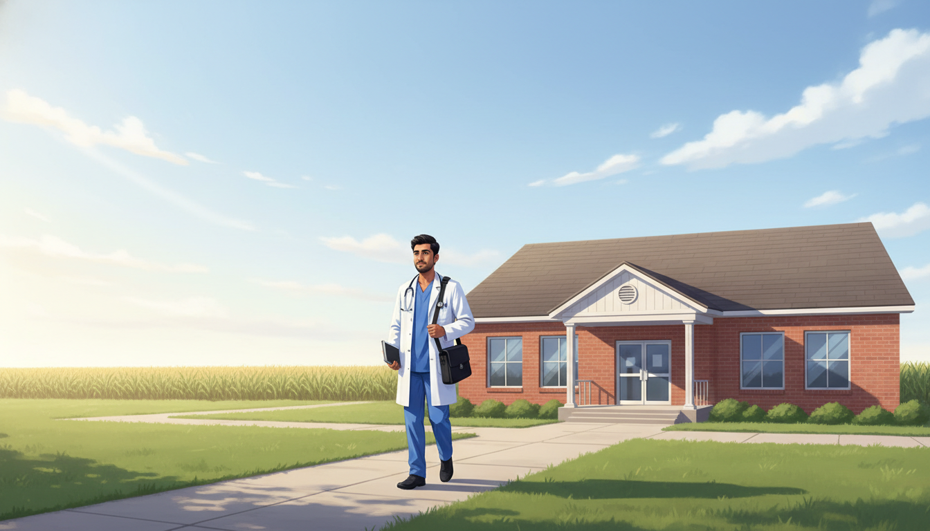 Rural Midwest hospital campus with IMG resident walking Rural Midwest hospital campus with IMG resident walking - IMG residency guide for H-1B Sponsorship Programs for International