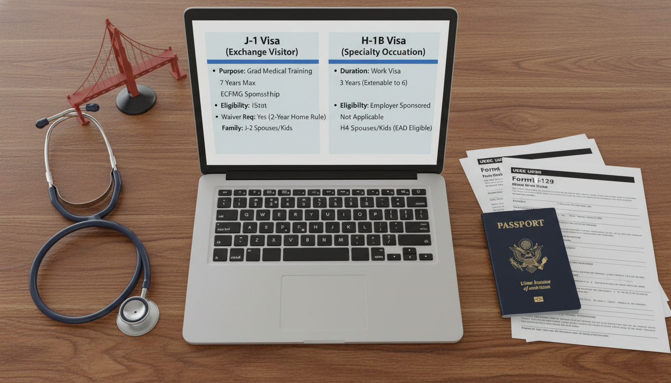 Comparison chart of J-1 vs H-1B visa options for IMGs - IMG residency guide for Visa Navigation for Residency for Internation