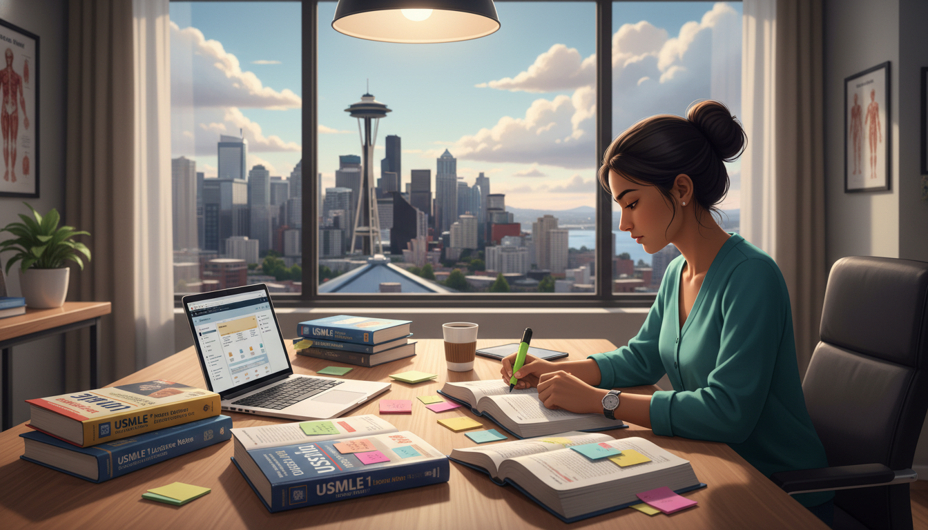IMG studying for Step 2 CK with Seattle skyline in background - IMG residency guide for Low Step Score Strategies for Interna