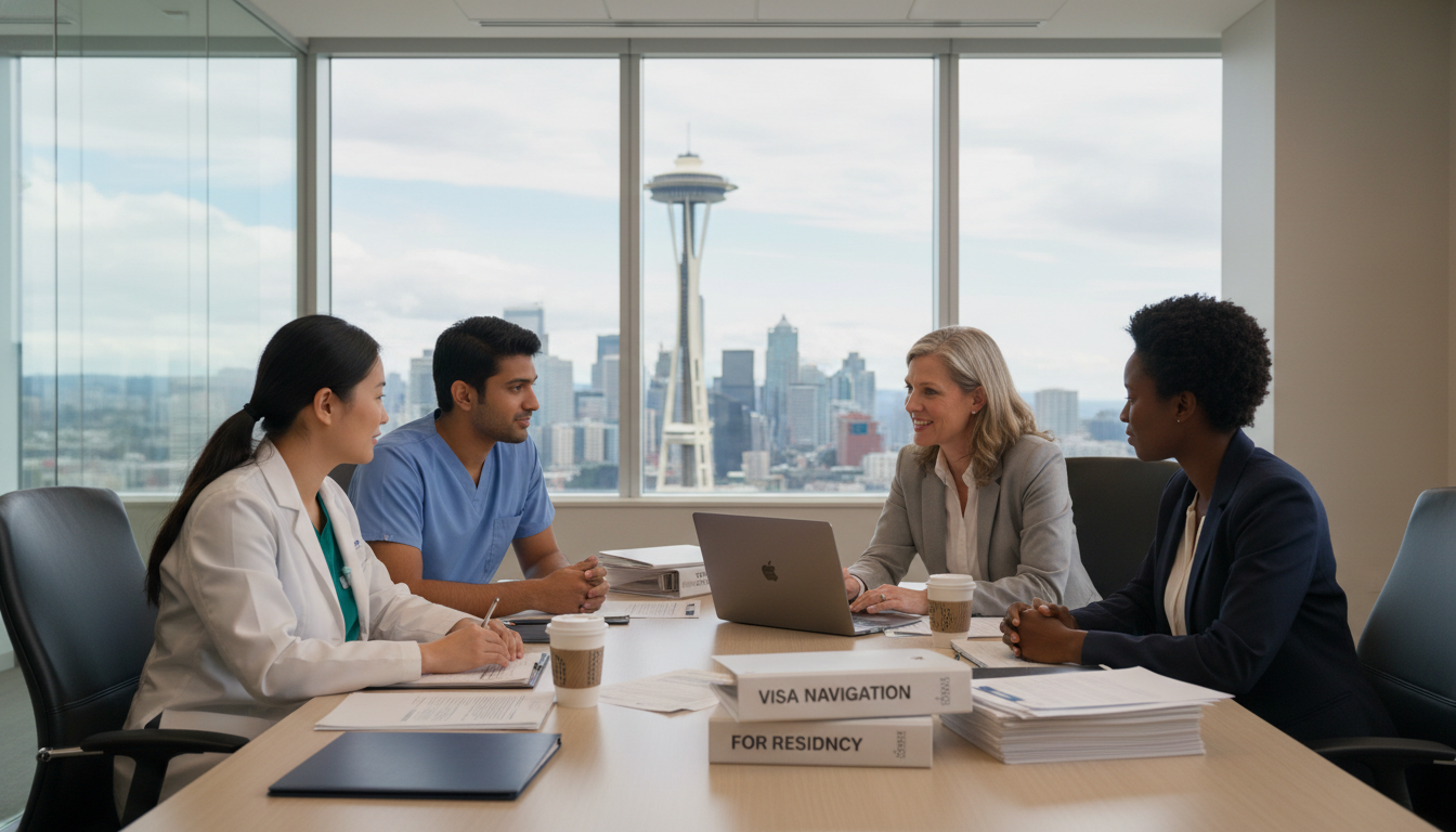 International residents discussing visa options at a Seattle teaching hospital - IMG residency guide for Visa Navigation for