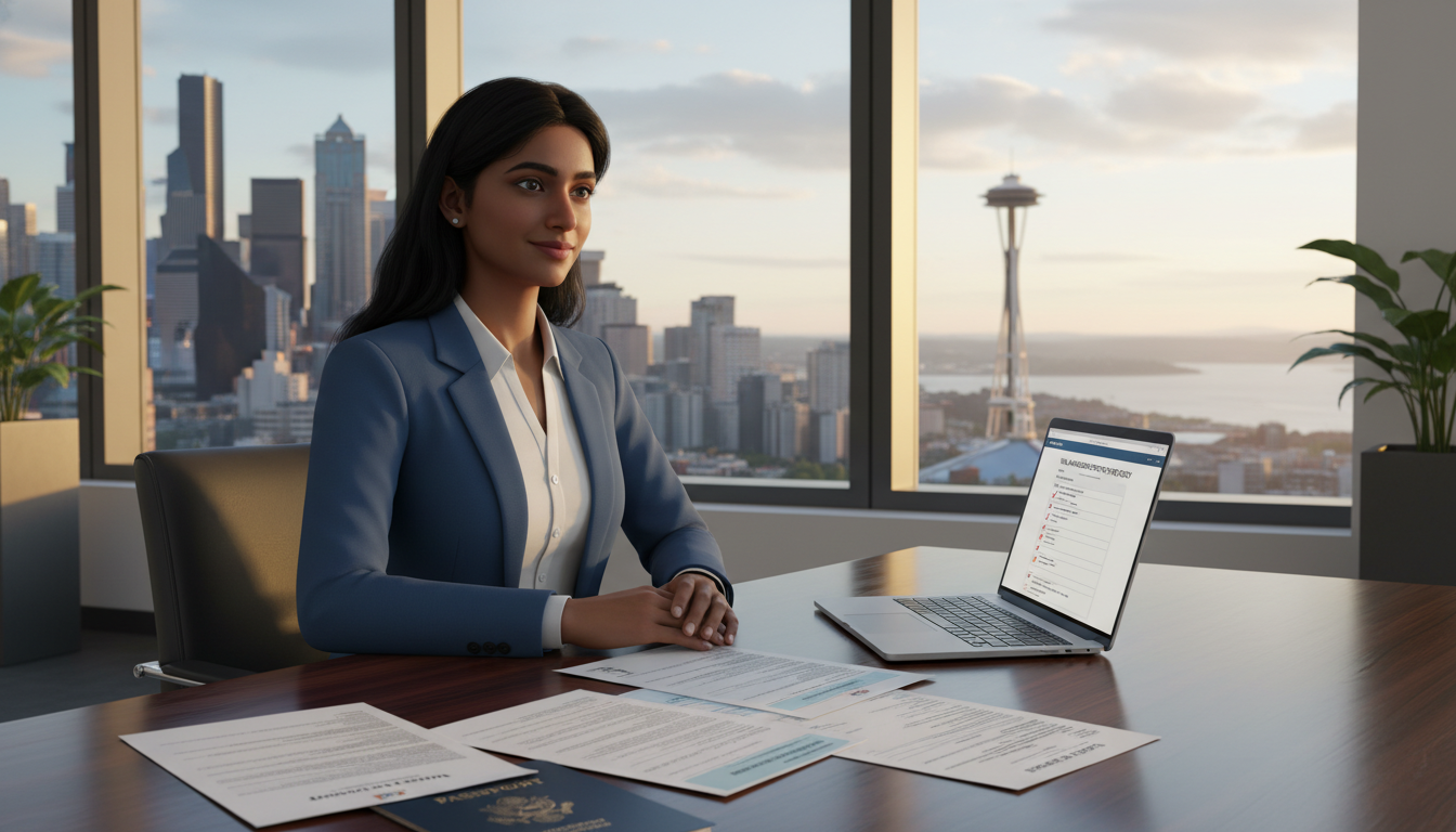 Physician reviewing US visa documents with Seattle skyline in background - IMG residency guide for Visa Navigation for Reside