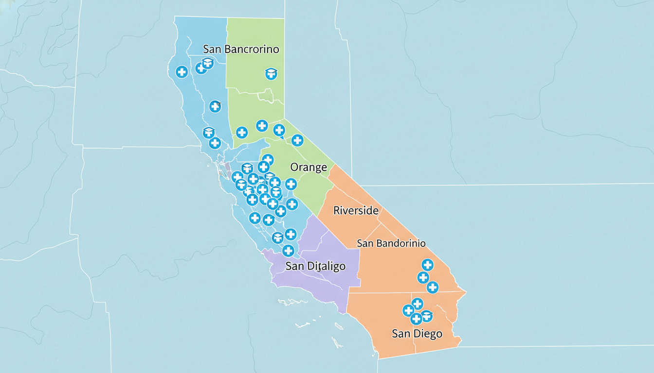 Map of Southern California showing key residency training regions for IMGs Map of Southern California showing key residency training regions for IMGs - IMG residency guide for Geographic Flexibility f
