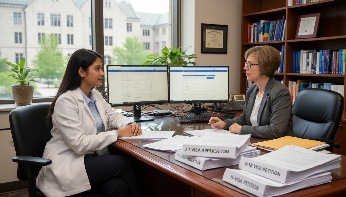 International medical graduate meeting with a university GME office to review J-1 and H-1B residency visa paperwork - IMG res