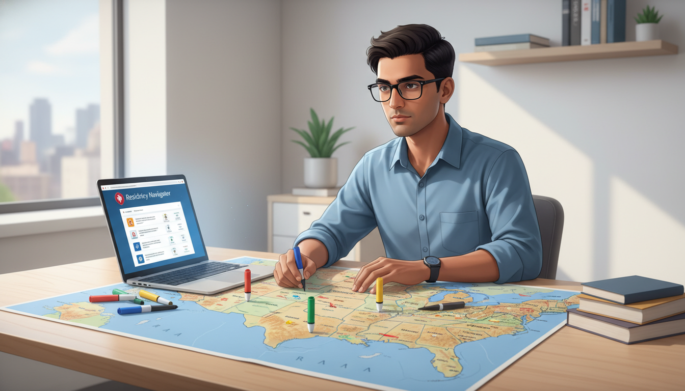 International medical graduate using a laptop to research Sun Belt residency programs on a map International medical graduate using a laptop to research Sun Belt residency programs on a map - IMG residency guide for Geog