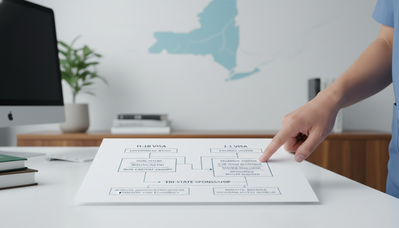 Flowchart explaining H-1B vs J-1 pathway for international medical graduates in tri-state area Flowchart explaining H-1B vs J-1 pathway for international medical graduates in tri-state area - IMG residency guide for H-1B