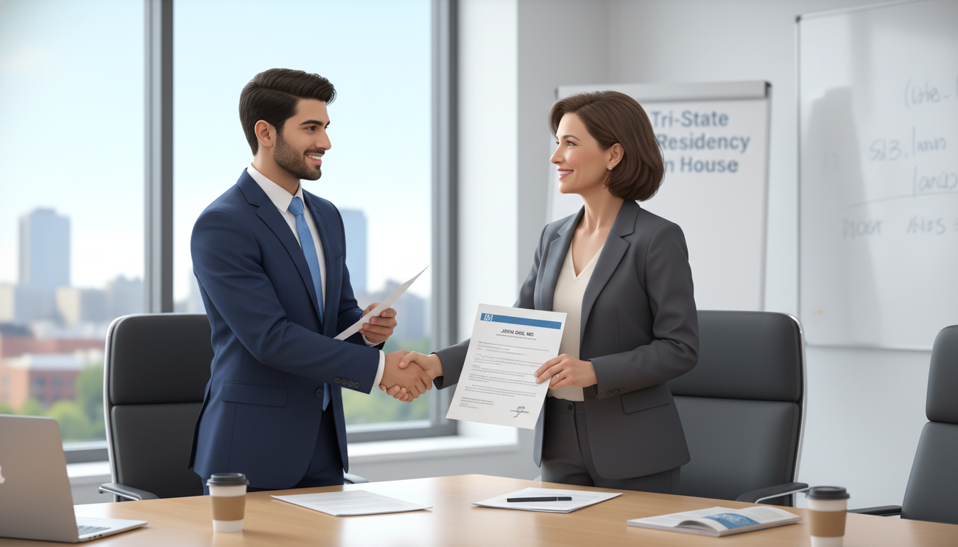 IMG resident candidate networking with program director in New Jersey hospital - IMG residency guide for Low Step Score Strat