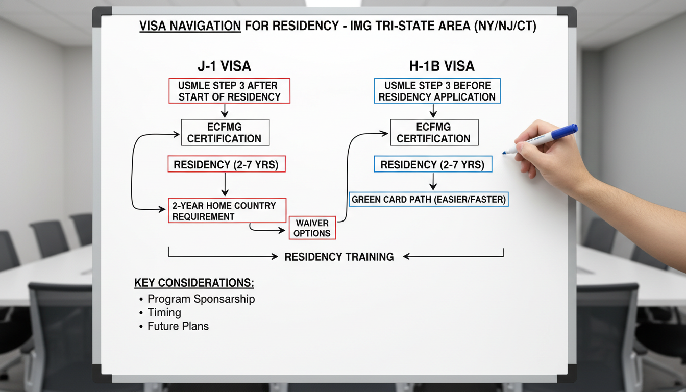 Flowchart comparing J-1 and H-1B visa paths for IMG residency - IMG residency guide for Visa Navigation for Residency for Int