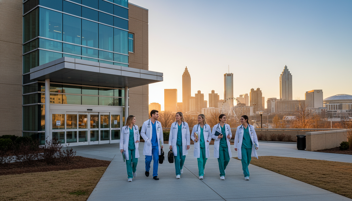 Atlanta medical skyline with resident physicians walking to hospital Atlanta medical skyline with resident physicians walking to hospital - MD graduate residency for Low Step Score Strategies fo