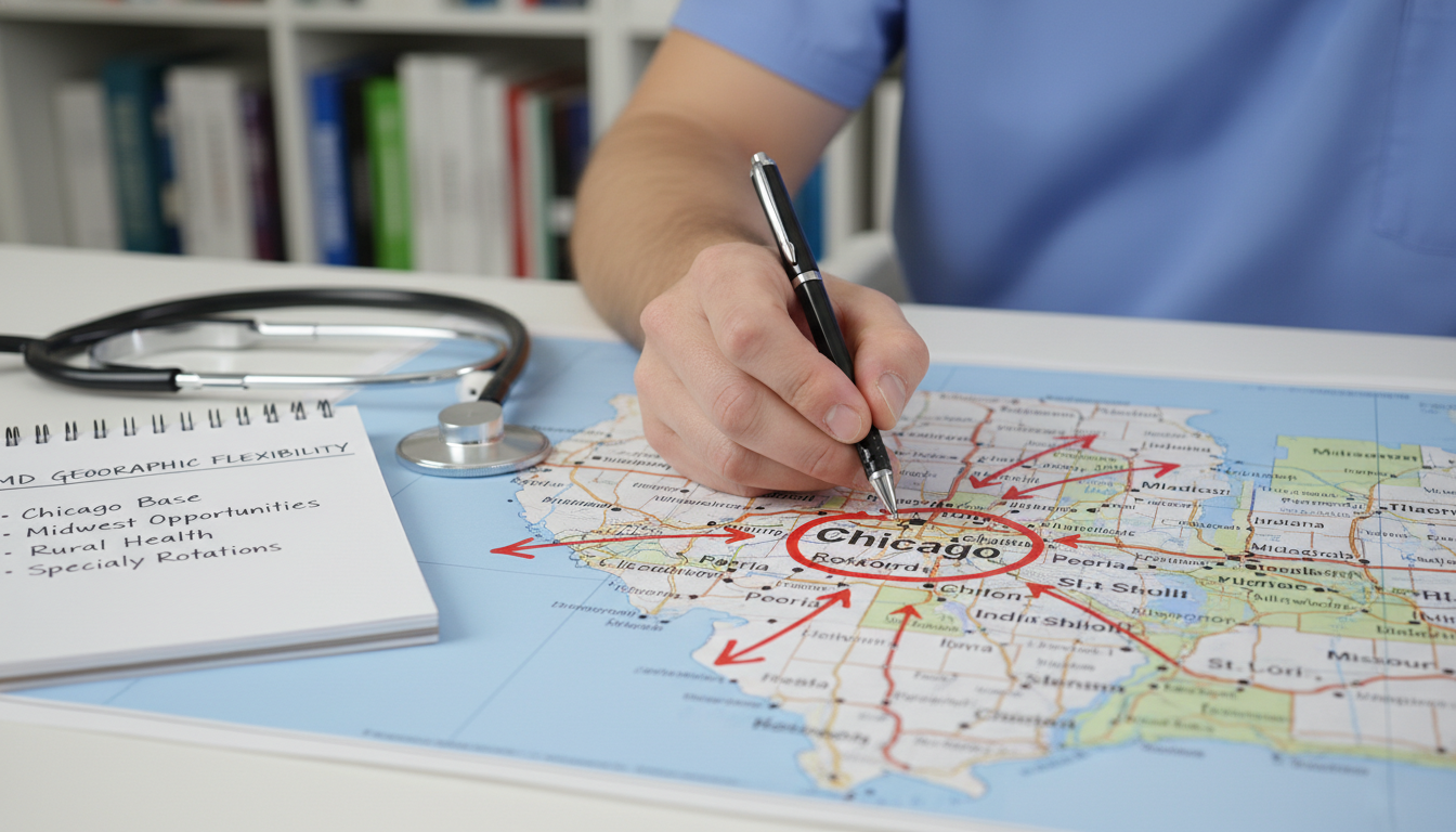 Map showing Chicago and regional residency options for an MD graduate Map showing Chicago and regional residency options for an MD graduate - MD graduate residency for Geographic Flexibility for