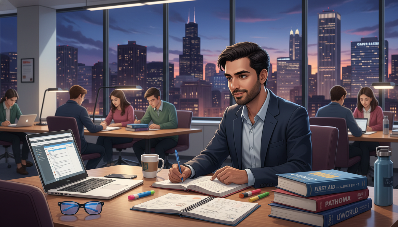 MD graduate studying for Step 2 CK in Chicago library MD graduate studying for Step 2 CK in Chicago library - MD graduate residency for Low Step Score Strategies for MD Graduate i