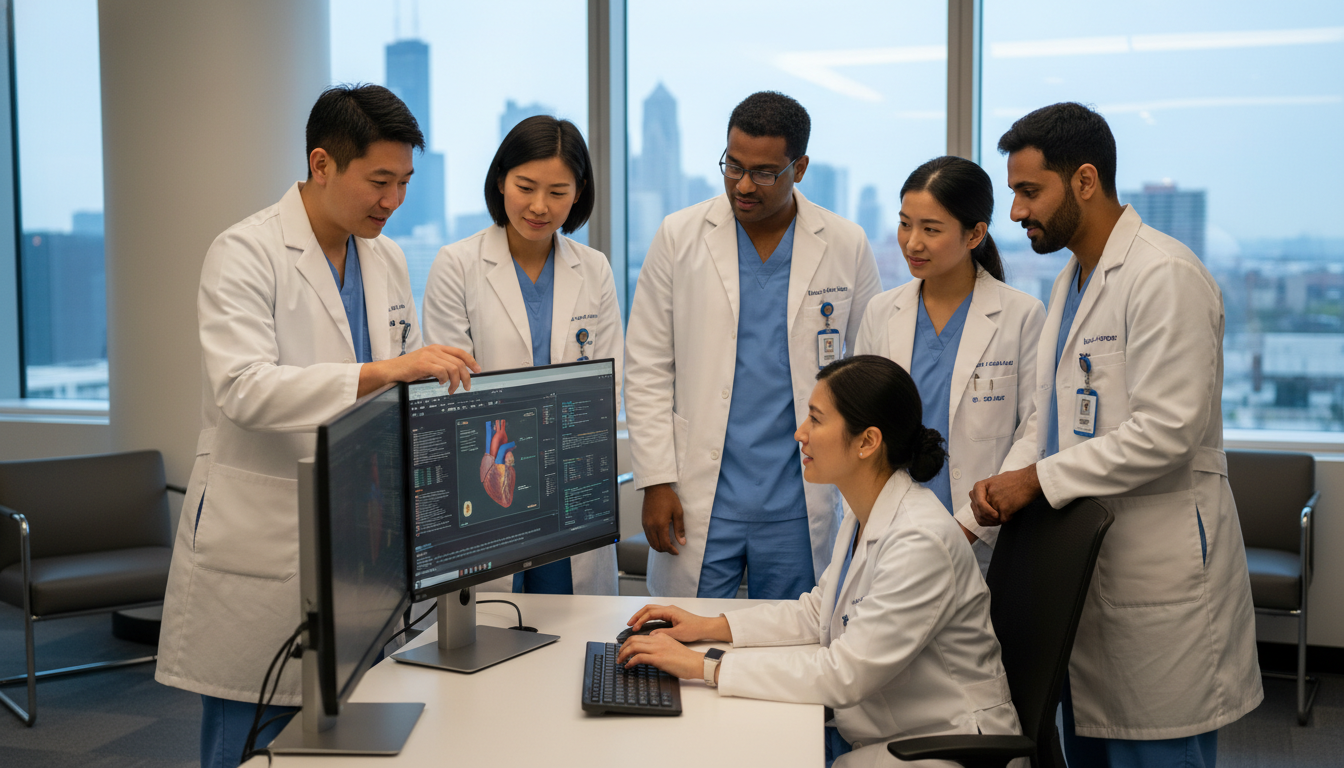 Resident physician collaborating with team in Chicago hospital Resident physician collaborating with team in Chicago hospital - MD graduate residency for Low Step Score Strategies for MD G