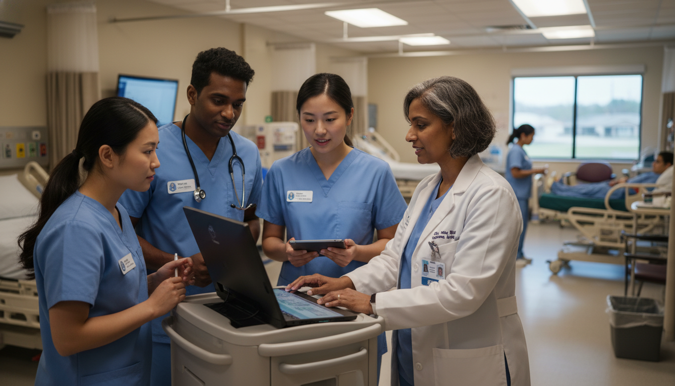 Community hospital residency team collaborating in a clinical setting - MD graduate residency for Low Step Score Strategies f