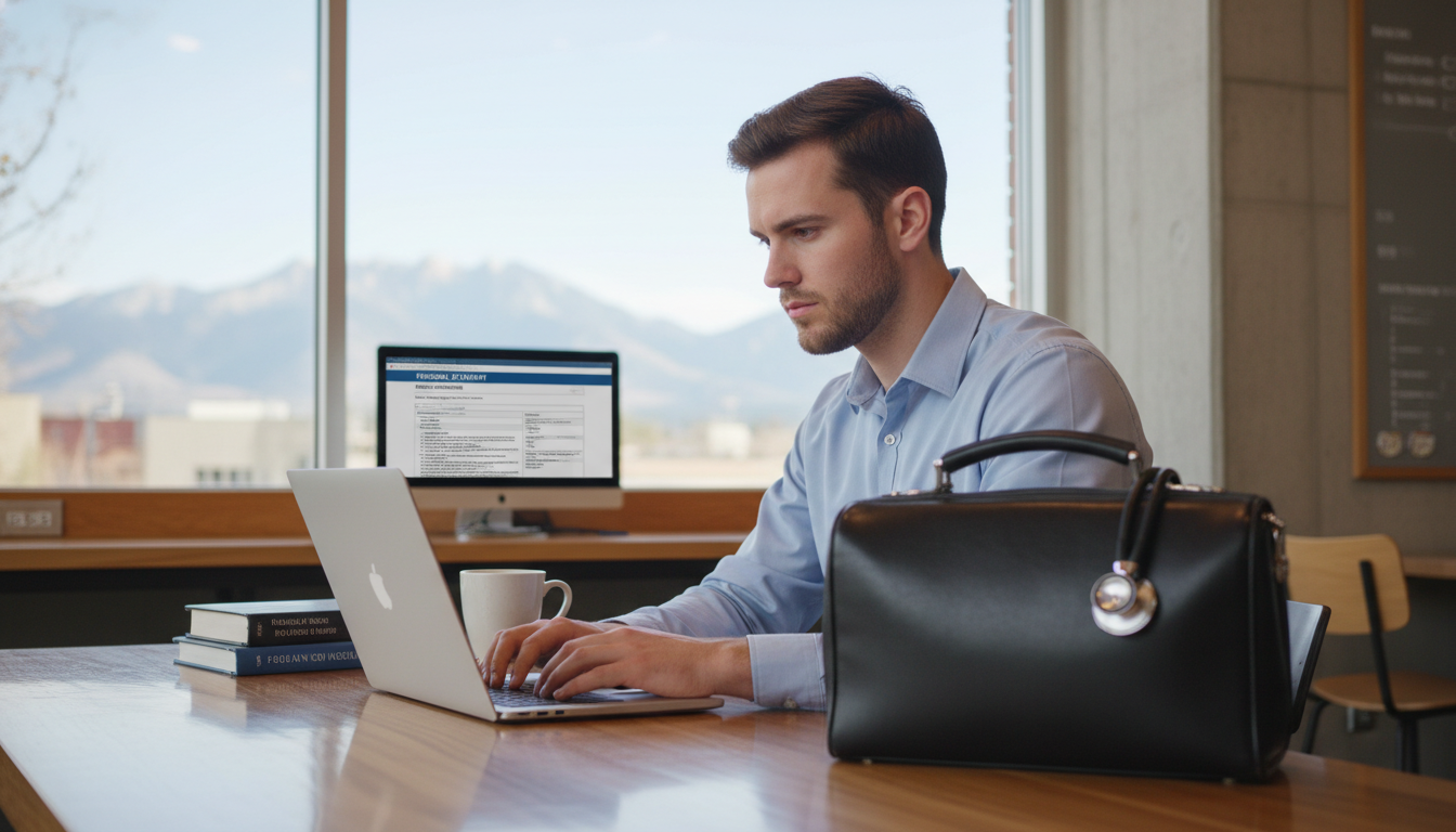 Residency applicant working on ERAS personal statement in Denver coffee shop - MD graduate residency for Low Step Score Strat