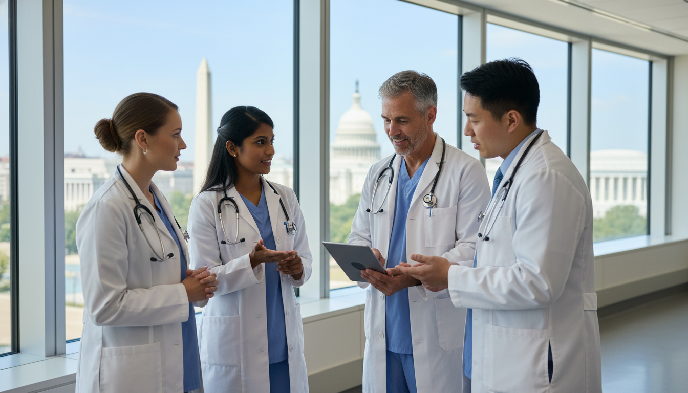 Resident physician on internal medicine ward rounds in Washington DC hospital - MD graduate residency for Low Step Score Stra